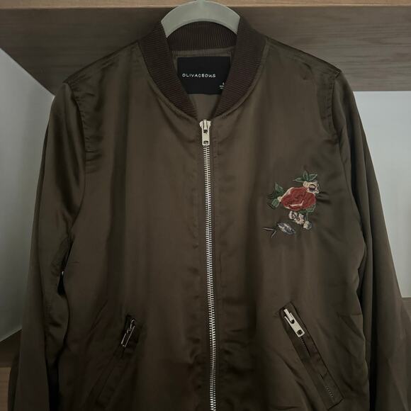 Olivaceous Embroidered, Satin Floral Bomber Jacket in Brown - Picture 2 of 6